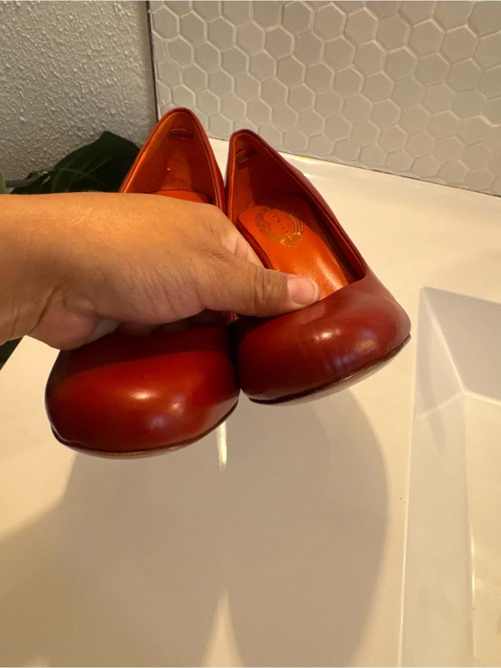 Elie Tahari Luxe Burnt Orange Harper Leather Pumps with Purple Accent $398